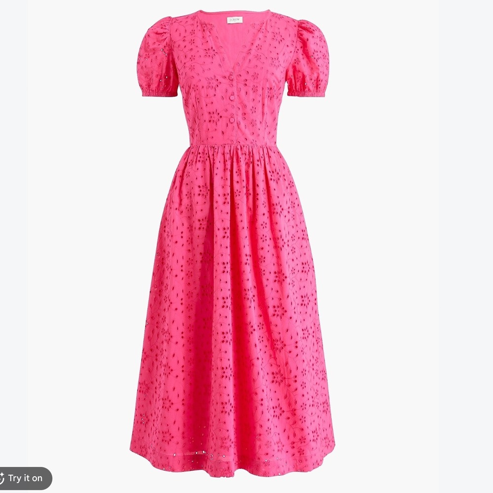 J.Crew Cotton Eyelet Puff-sleeve Midi Dress Womens 2 Pink Preppy Resort Office